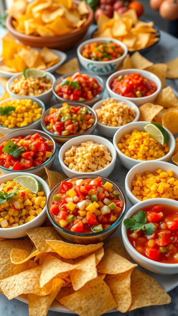 A colorful chips and salsa bar with assorted salsas and tortilla chips, garnished with lime and cilantro.